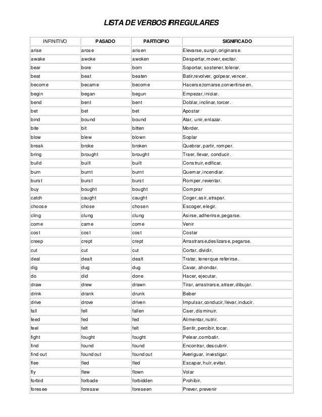 lista de verbos regulares pdf